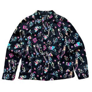 Vintage Attyre New York Button Up Shirt Jacket Retro Print Black Women's Size S